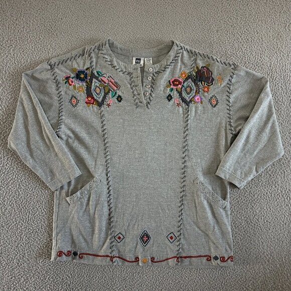 Vintage Together Floral Embroidered Sweater Henley Grey Pockets - Picture 16 of 16